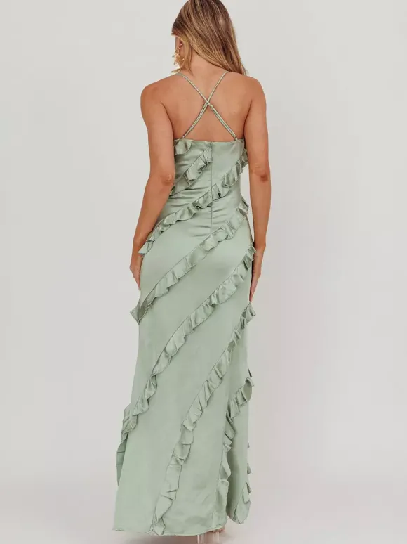 Robe de soirée longue rose à bretelles et volants au col sans manches style décontracté/semi-formel idéale pour l'été.