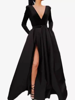 Robe de Soirée Longue Tissu de Satin Col V à Fente Manches Longues A Ligne Sexy