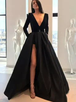 Robe de Soirée Longue Tissu de Satin Col V à Fente Manches Longues A Ligne Sexy
