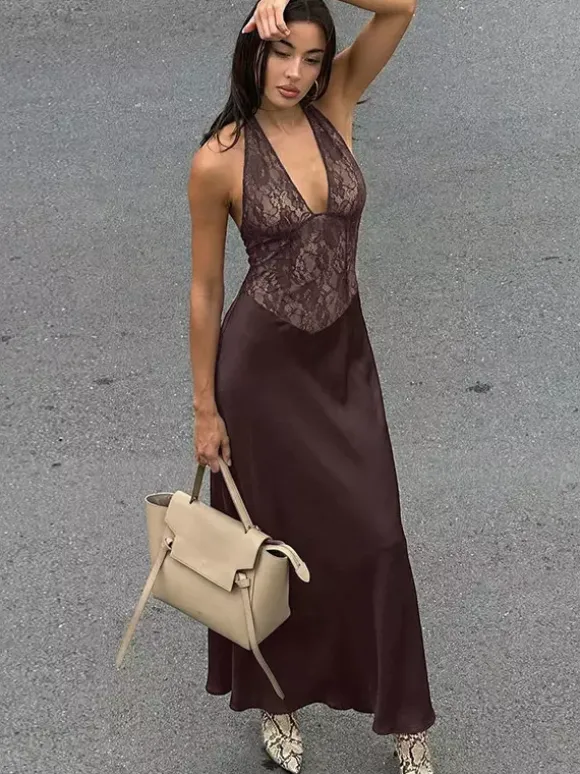 Robe de soirée marron café dos nu en dentelle sans manches robe sexy