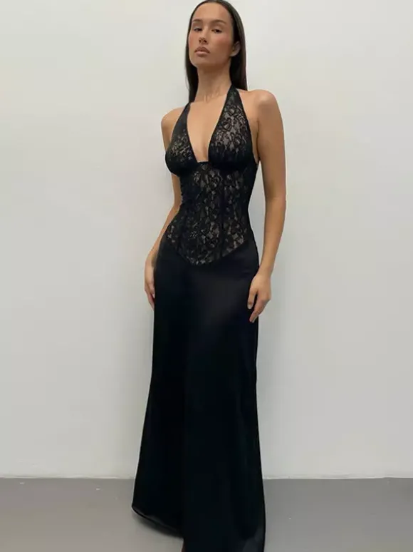 Robe de soirée marron café dos nu en dentelle sans manches robe sexy