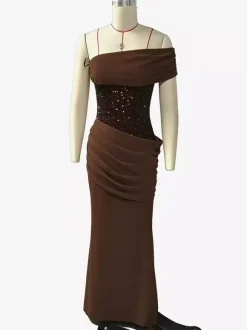 Robe de soirée maxi à sequins asymétrique et taille froncée collection 2026