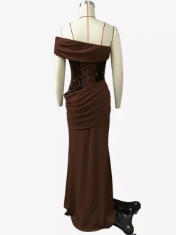 Robe de soirée maxi à sequins asymétrique et taille froncée collection 2026