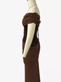 Robe de soirée maxi à sequins asymétrique et taille froncée collection 2026