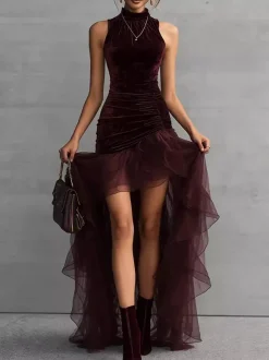 Robe de soirée maxi asymétrique à volants sans manches col montant en velours moulante