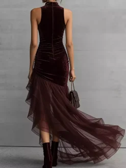 Robe de soirée maxi asymétrique à volants sans manches col montant en velours moulante
