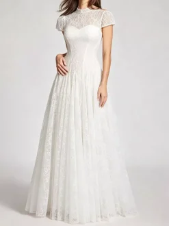 Robe de soirée maxi blanche à col montant et manches courtes évasées style rétro semi-formel
