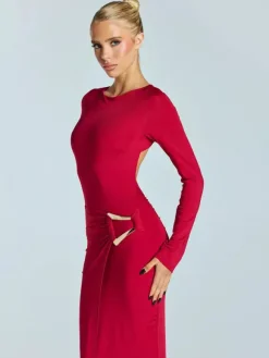Robe de soirée maxi blanche à col rond et manches longues style semi-formel sexy
