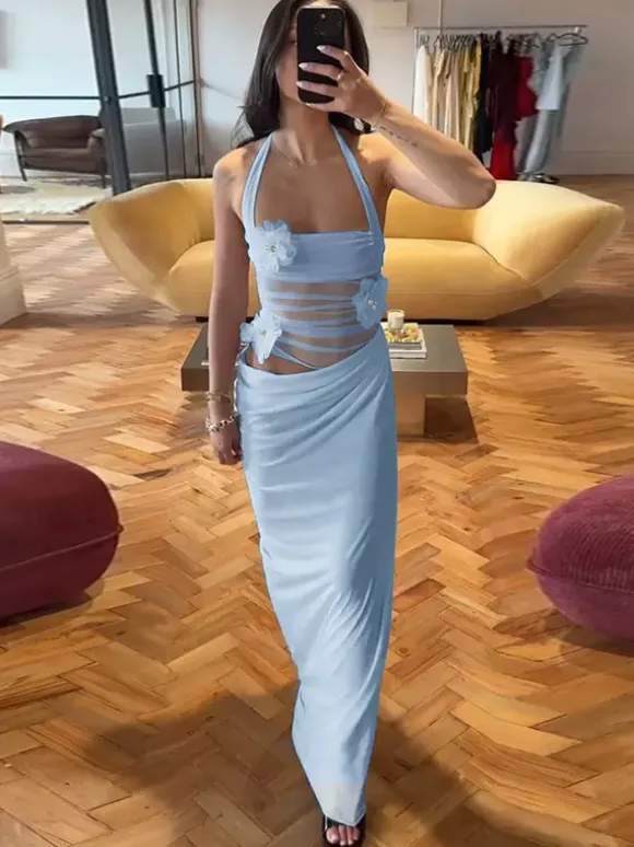 Robe de soirée maxi bleue à fleurs sans manches sexy et semi-formelle idéale pour l'été.