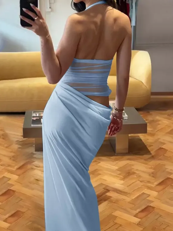 Robe de soirée maxi bleue à fleurs sans manches sexy et semi-formelle idéale pour l'été.