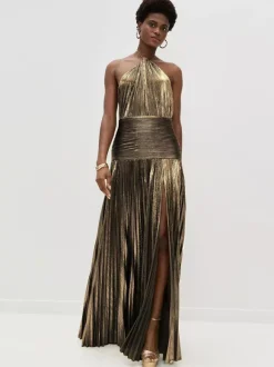 Robe de soirée maxi dorée sans manches et dos nu élégante et semi-formelle