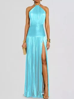 Robe de soirée maxi dorée sans manches et dos nu élégante et semi-formelle