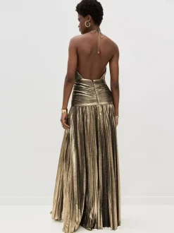 Robe de soirée maxi dorée sans manches et dos nu élégante et semi-formelle