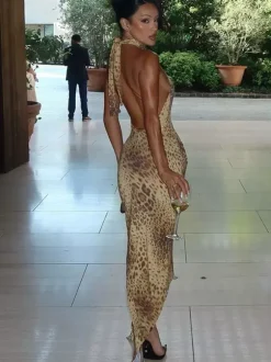 Robe de soirée maxi léopard dos nu plissée asymétrique chic semi-formelle