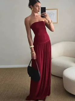Robe de soirée maxi marron sans bretelles plissée sans manches robe sexy semi-formelle