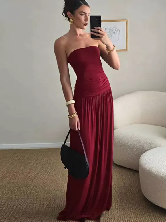 Robe de soirée maxi marron sans bretelles plissée sans manches robe sexy semi-formelle