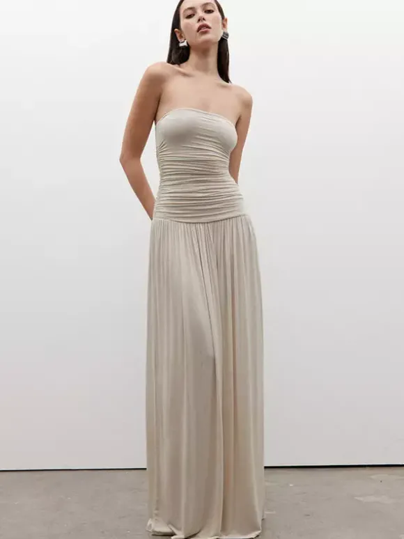 Robe de soirée maxi marron sans bretelles plissée sans manches robe sexy semi-formelle