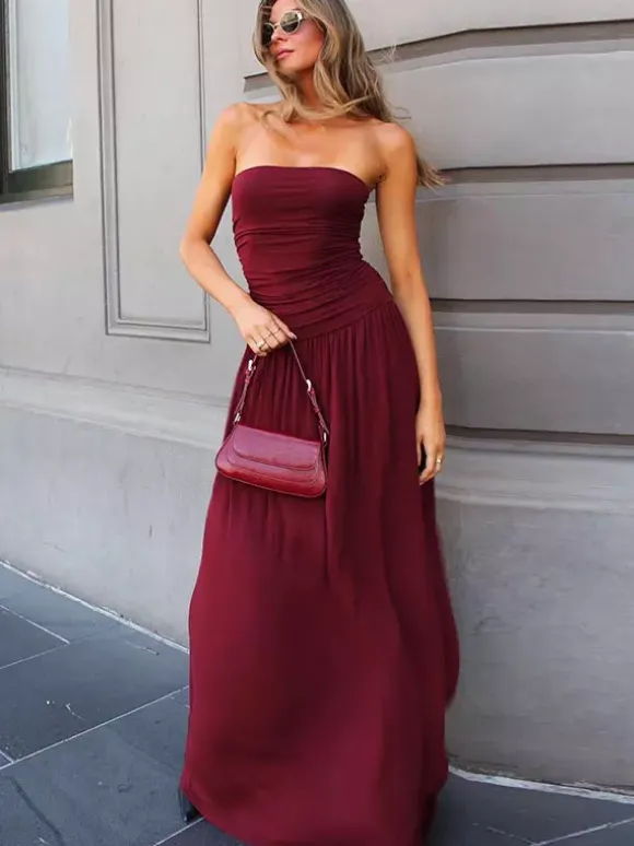 Robe de soirée maxi marron sans bretelles plissée sans manches robe sexy semi-formelle