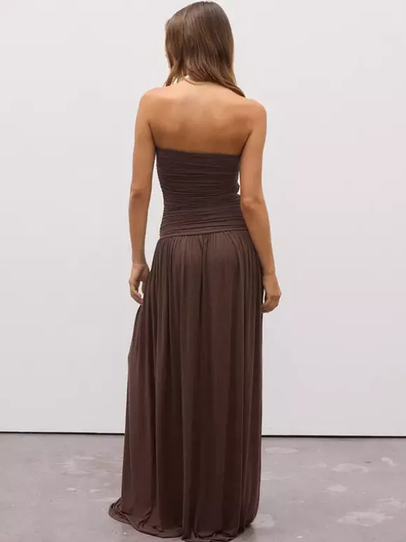 Robe de soirée maxi marron sans bretelles plissée sans manches robe sexy semi-formelle