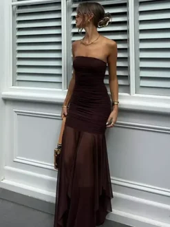 Robe de soirée maxi marron café sans bretelles plissée sexy semi-formelle robe d'été
