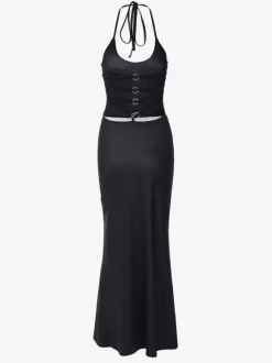 Robe de soirée maxi noire dos nu à lacets sculptante sexy et semi-formelle idéale pour l'été.