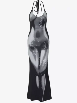 Robe de soirée maxi noire dos nu à lacets sculptante sexy et semi-formelle idéale pour l'été.