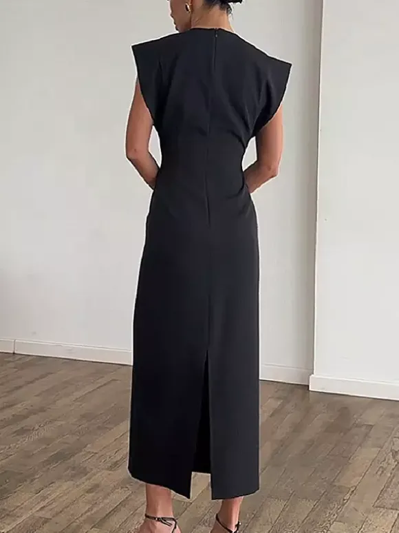 Robe de soirée maxi noire à col rond et boutons sans manches élégante et semi-formelle