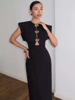 Robe de soirée maxi noire à col rond et boutons sans manches élégante et semi-formelle