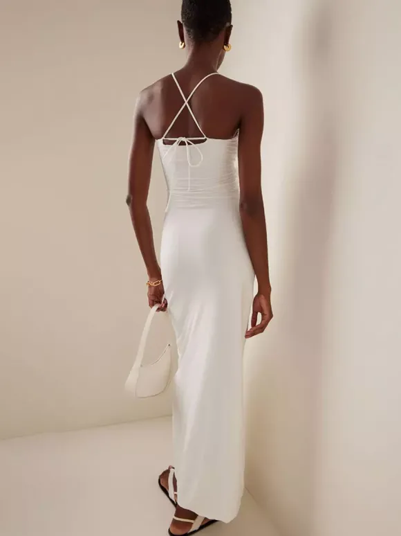 Robe de soirée maxi noire sans bretelles à lacets dos nu style décontracté semi-formel