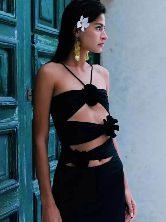 Robe de soirée maxi noire sans bretelles à lacets dos nu style décontracté semi-formel