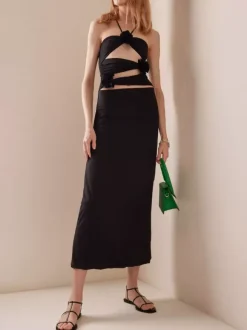 Robe de soirée maxi noire sans bretelles à lacets dos nu style décontracté semi-formel