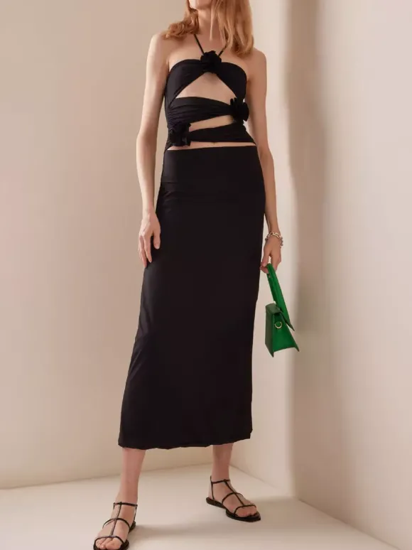 Robe de soirée maxi noire sans bretelles à lacets dos nu style décontracté semi-formel