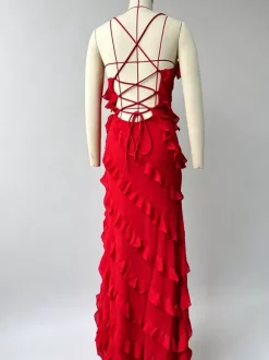 Robe de soirée maxi orange à épaules dénudées volants sans manches dos nu élégante et semi-formelle