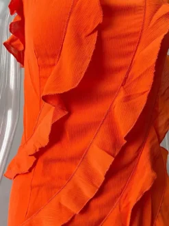 Robe de soirée maxi orange à épaules dénudées volants sans manches dos nu élégante et semi-formelle