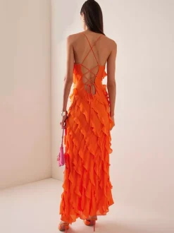 Robe de soirée maxi orange à épaules dénudées volants sans manches dos nu élégante et semi-formelle