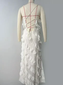 Robe de soirée maxi orange à épaules dénudées volants sans manches dos nu élégante et semi-formelle