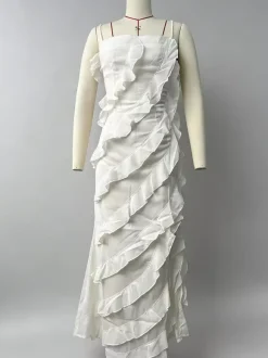 Robe de soirée maxi orange à épaules dénudées volants sans manches dos nu élégante et semi-formelle