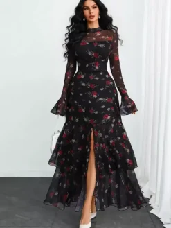 Robe de soirée maxi rouge à col montant volants manches longues à pois manches évasées robe ravissante
