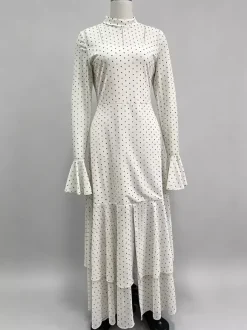 Robe de soirée maxi rouge à col montant volants manches longues à pois manches évasées robe ravissante