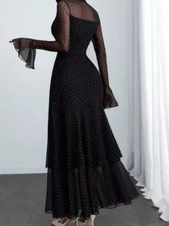 Robe de soirée maxi rouge à col montant volants manches longues à pois manches évasées robe ravissante