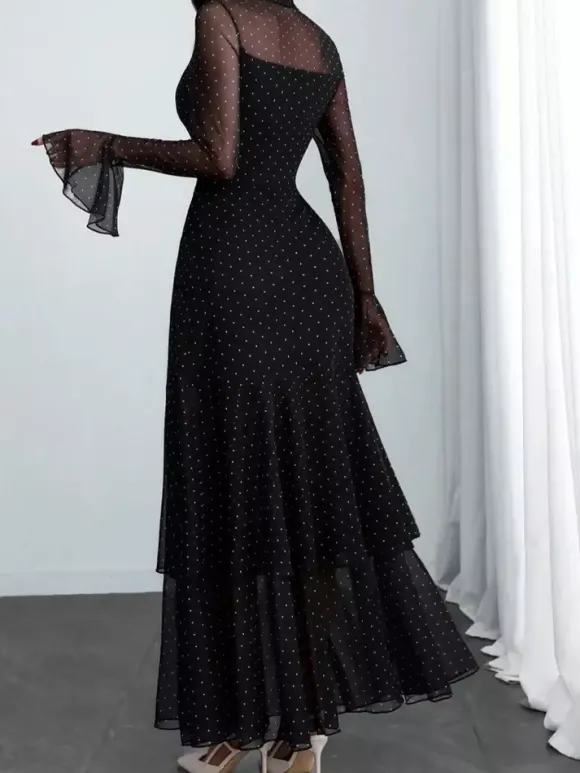 Robe de soirée maxi rouge à col montant volants manches longues à pois manches évasées robe ravissante