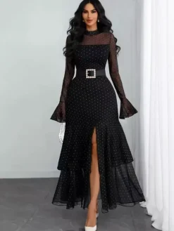 Robe de soirée maxi rouge à col montant volants manches longues à pois manches évasées robe ravissante