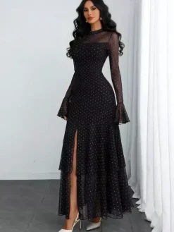 Robe de soirée maxi rouge à col montant volants manches longues à pois manches évasées robe ravissante