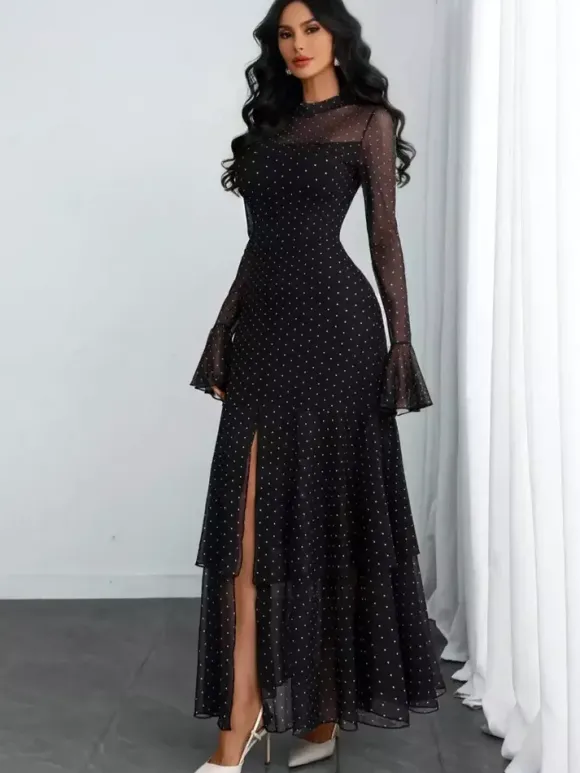 Robe de soirée maxi rouge à col montant volants manches longues à pois manches évasées robe ravissante