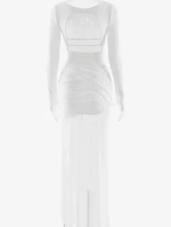Robe de soirée maxi transparente dos nu découpe froncée et fendue sur le côté pour femme 2026