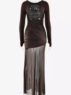 Robe de soirée maxi transparente dos nu découpe froncée et fendue sur le côté pour femme 2026