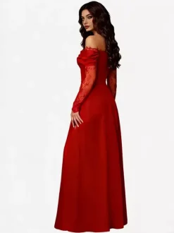 Robe de soirée maxi trapèze fendue manches longues et épaules dénudées en dentelle cils et dentelle cils