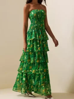 Robe de soirée maxi verte sans bretelles à volants et sans manches style décontracté semi-formel