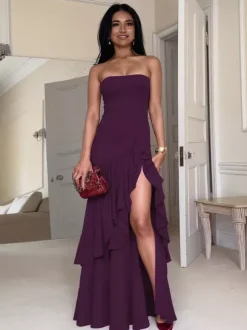 Robe de soirée maxi violette sans bretelles plissée sexy semi-formelle robe d'été