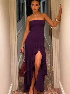 Robe de soirée maxi violette sans bretelles plissée sexy semi-formelle robe d'été